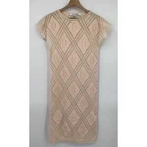 Vintage Nancy Johnson Dress Small Beige Peach Knit Diamond Crochet Cottage